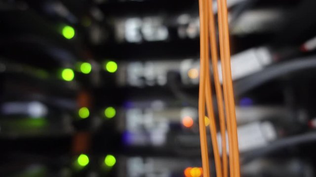 Orange Cable on server room background. Motion Camera.
