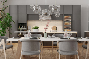 Modern kitchen interior in grey and black colors	