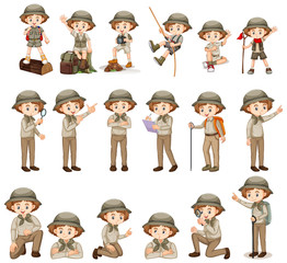 Set of girl in safari costume doing different activites