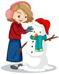 Cute girl making snowman on white background