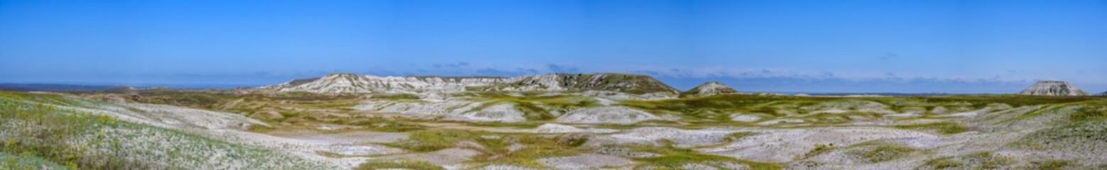 Panoramic view across rock beds with range cattle in Buffalo Gap Nation Grassland, Railroad Butte, South Dakota