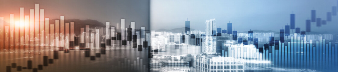 Website header and banner of Hong Kong cityscape with skyscarapers. Trading and stock markets.