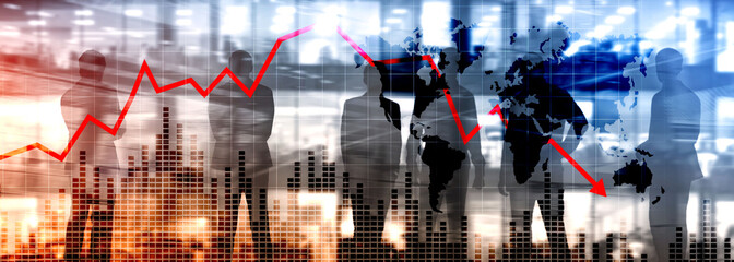 Chart with red down arrow on abstract background. Falling growth in busines
