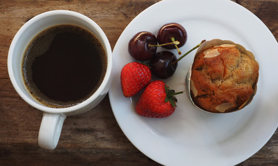 black coffee banana cake and fresh strawberry refeshing the day