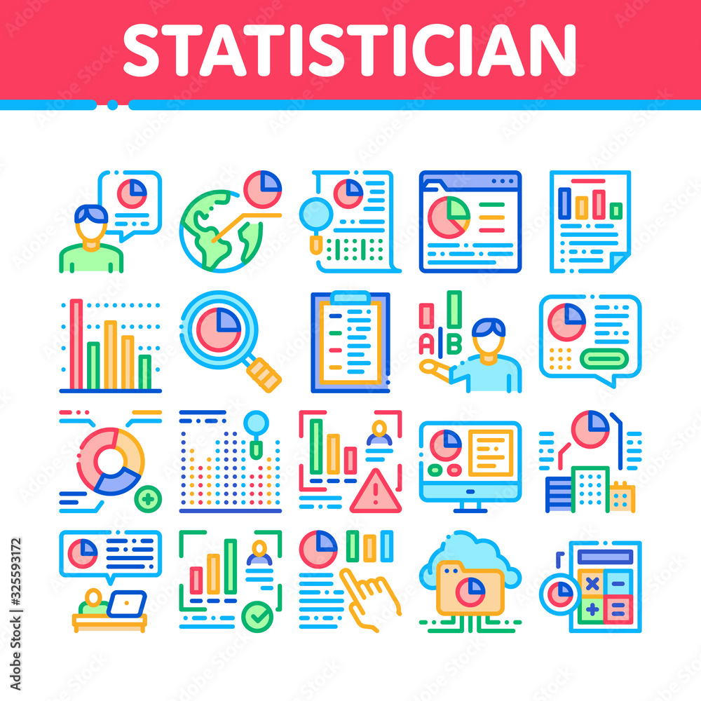 Poster statistician assistant collection icons set vector. statistician research and document file, web sit