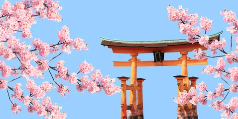 Gordijnen Branch of the blossoming sakura and Floating Torii gate, Japan © frenta