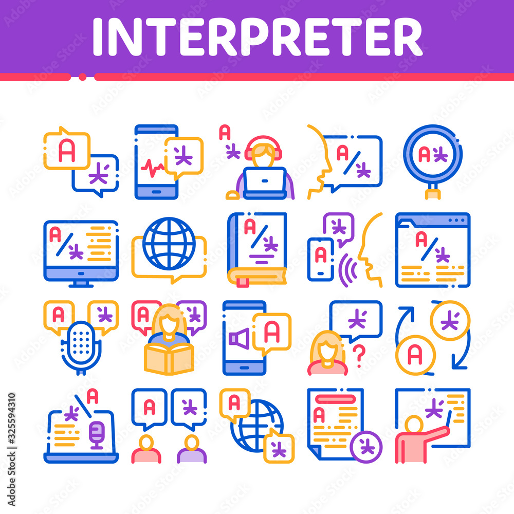 Poster interpreter translator collection icons set vector. interpreter in smartphone and web site, laptop a