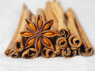cinnamon and poder on white and macro style spice cooking