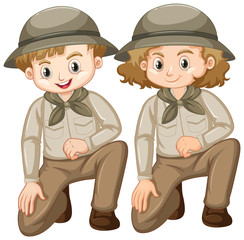 Boy and girl in safari outfit on white background