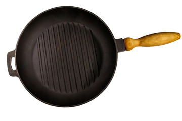 Empty cast iron grill frying pan isolated on white background