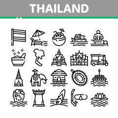 Fototapeta na wymiar Thailand National Collection Icons Set Vector. Thailand On Geography Map And Flag, Bungalow And Building, Elephant And Tuktuk Concept Linear Pictograms. Monochrome Contour Illustrations