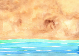 Abstract ocean and sand beach watercolor hand painting background for decoration on summer season festival.