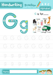 Letter G uppercase and lowercase tracing practice worksheet A4