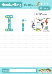 Letter I uppercase and lowercase cute children colorful ABC alphabet trace practice worksheet for kids learning English vocabulary and handwriting layout in A4 vector illustration.