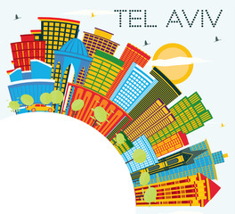 Tel Aviv Israel City Skyline with Color Buildings, Blue Sky and Copy Space.