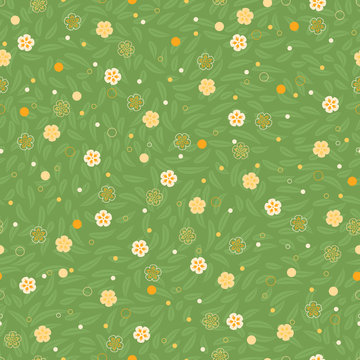 Simple Leaves And Flowers. Vector Seamless Pattern. Spring Repetitive  Background. Textile Green And Yellow Fabric Swatch. Wrapping Paper. Continuous Apparel Print. Design Element For Card Banner