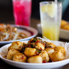 Salt and pepper tofu with Malaysian drinks