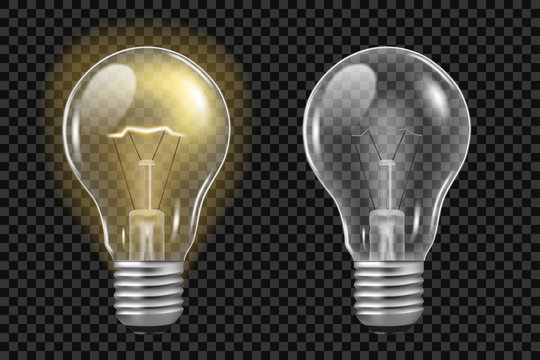 Realistic light bulb on transparent. Glowing and turned off electric filament lamps. Template creativity idea business innovation. Vector illustration.