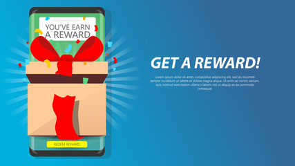 get reward mystery gift on mobile phone screen. opened gift box loyalty, gamification rewarding program. semi flat style modern clean vector illustration with blank customized text placement