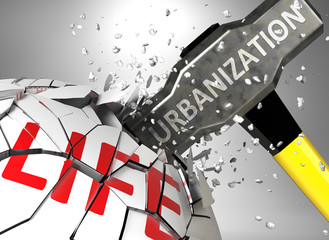 Urbanization and destruction of health and life - symbolized by word Urbanization and a hammer to show negative aspect of Urbanization, 3d illustration