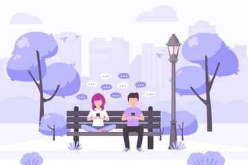Young woman and young man sitting in city park and sending messages with smartphone. Stock vector. People and mobile technology flat illustration, chat, mobile messengers, communication.