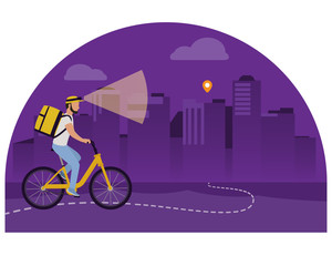 Night food delivery vector illustration. Courier man on bicycle with flashlight and yellow parcel box on the back. Route with dash line trace and finish point. Night cityscape on background.