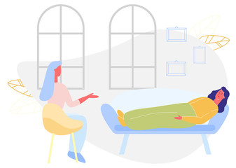 Woman Lying on Sofa and Woman Sitting on Chair at Home. Elderly Woman Practices Psychotherapy. Vector Illustration. Care Intimate Person. Talk with Relatives at House. Family Spends Time Together.