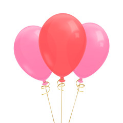 Three realistic flying balloons with golden ribbon illustration. Pink and red balloons. Isolated on white background. Stock vector.