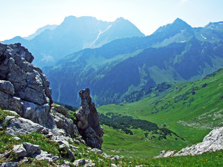 View of the Gamperdonatal Alpine Valley and the Austrian Alps from the Spitz Peak in the...