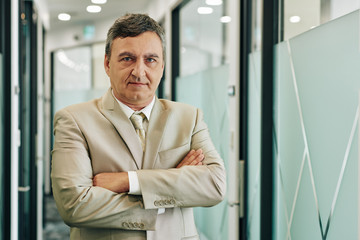 Fototapeta premium Portrait of confident serious middle-aged entrepreneur standing with arms folded