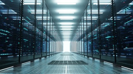 Data center with endless servers. Network and information servers behind glass panels. Server room with twinkling lights. AI. 4K high quality loop animation - Powered by Adobe