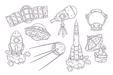 Hand drawn sketch of space elements collection Vector.