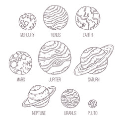 Hand drawn sketch of planets collection Vector.