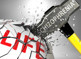 Schizophrenia and destruction of health and life - symbolized by word Schizophrenia and a hammer to show negative aspect of Schizophrenia, 3d illustration
