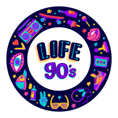 Frame retro icons elements in trendy 80s-90s goods set hand-drawn cartoon style. Vector