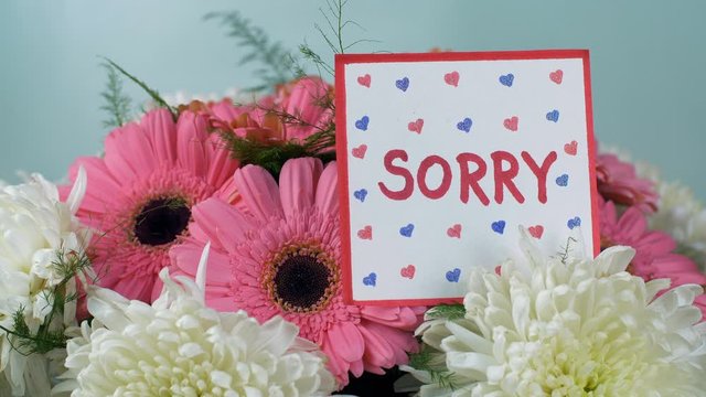 A sorry message card with a bouquet of pink and white flowers - blue background. Hands of an Indian woman placing a beautiful tag with 'Sorry' text on a bunch of fresh gerbera daisy flowers and chr...