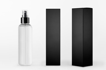Mock up for design of packing cosmetics product - tall transparent spray bottle and black paper...
