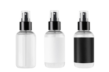Spray bottles collection - transparent and black, white blank labels isolated on white background, mock up for branding, advertising, design.