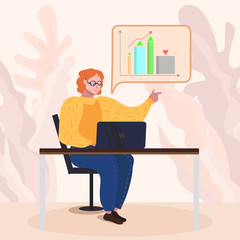 Worker Analyzing Digital Marketing Statistics on PC. Woman Character Working with Analytical Graphs and Charts on Laptop. Cartoon Employee or Freelancer Searching Solution. Vector Flat Illustration