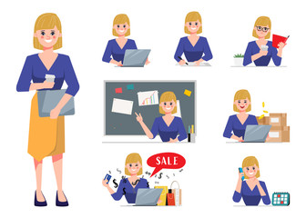 Business woman in job and lifestyle daily routine character set. Business people in occupation and job details.