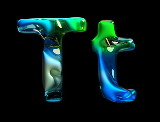 3d render of abstract art of surreal 3d letters t, uppercase and lowercase in organic curve wavy shape in matte metal material with glass parts in green and blue gradient color on black background