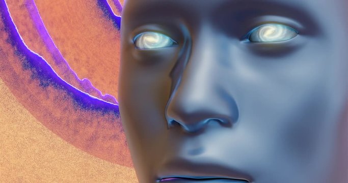 metalligblauer Kopf einer Frau mit Augen als Universum, kreativer, abstrakter Hintergrund - 3D Animation