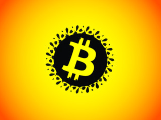 Naklejka premium Bitcoin wallpaper. Yellow - orange gradient background with black abstract BTC symbol in the center of the wallpaper.