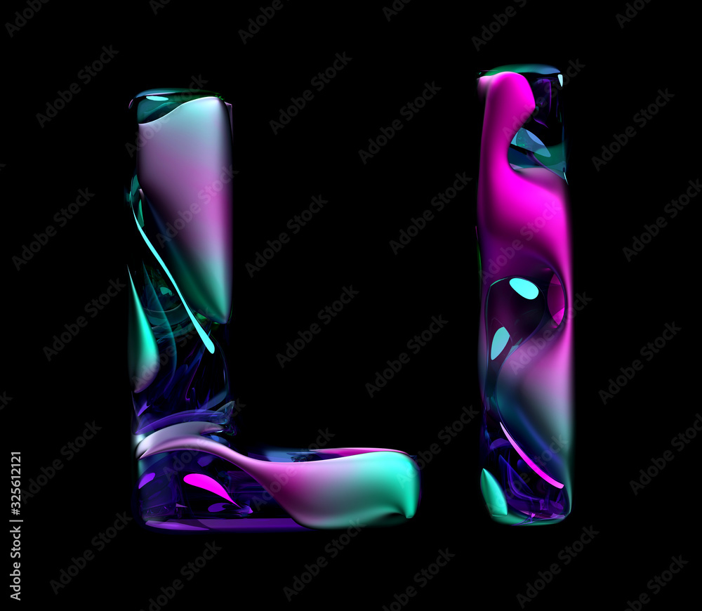 Fototapete 3d render of abstract art of surreal 3d letters uppercase and lowercase letter l in organic curve wavy shape in matte metal material with glass parts in purple green pink gradient color on black back