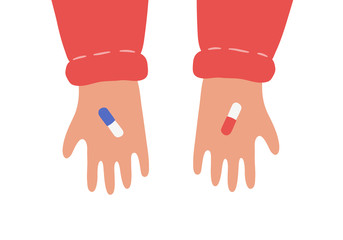 Hands with red and blue pills. Symbol of difficult choice and important decision. Vector illustration in flat and cartoon style on white background