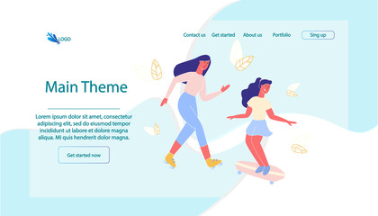 Women Rides on Rollers and Girl on Skateboard. Vector Illustration. Family Walks and Meetings. Spends Time Together. Park Area. Monitor Screen. Text and Logo. Woman and Daughter Actively Spend Time.