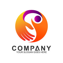 hand care logo, kid care, family health and caring, clinic and pharmacy icon, family nutrition, hospital and wellness symbol