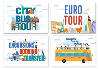Euro and Worldwide Excursion. Booking Transfer and Bus City Tour Advertisement Set. Famous Building Landmark, Sightseeing Attraction and Happy People Tourist Creative Design. Vector Illustration