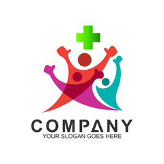 colorful people with medical cross, healthy family logo, family care, health and caring, clinic and pharmacy icon, family nutrition, hospital and wellness symbol