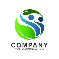 healthy family in circle shape with leaf vector logo design, family care, health and caring, clinic and pharmacy icon, family nutrition, hospital and wellness symbol
